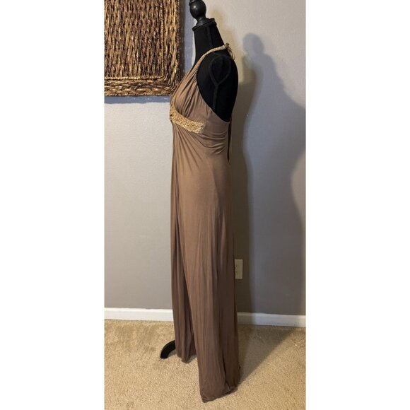 SKY Brand Maxi Dress M Soft Brown Suede Braid Trim Stretch Long NEW - Picture 6 of 12